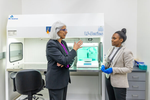 Director of the White House Office of Science and Technology Policy Arati Prabhakar (left) and Postdoctoral Research Scholar Imani Madison (right).