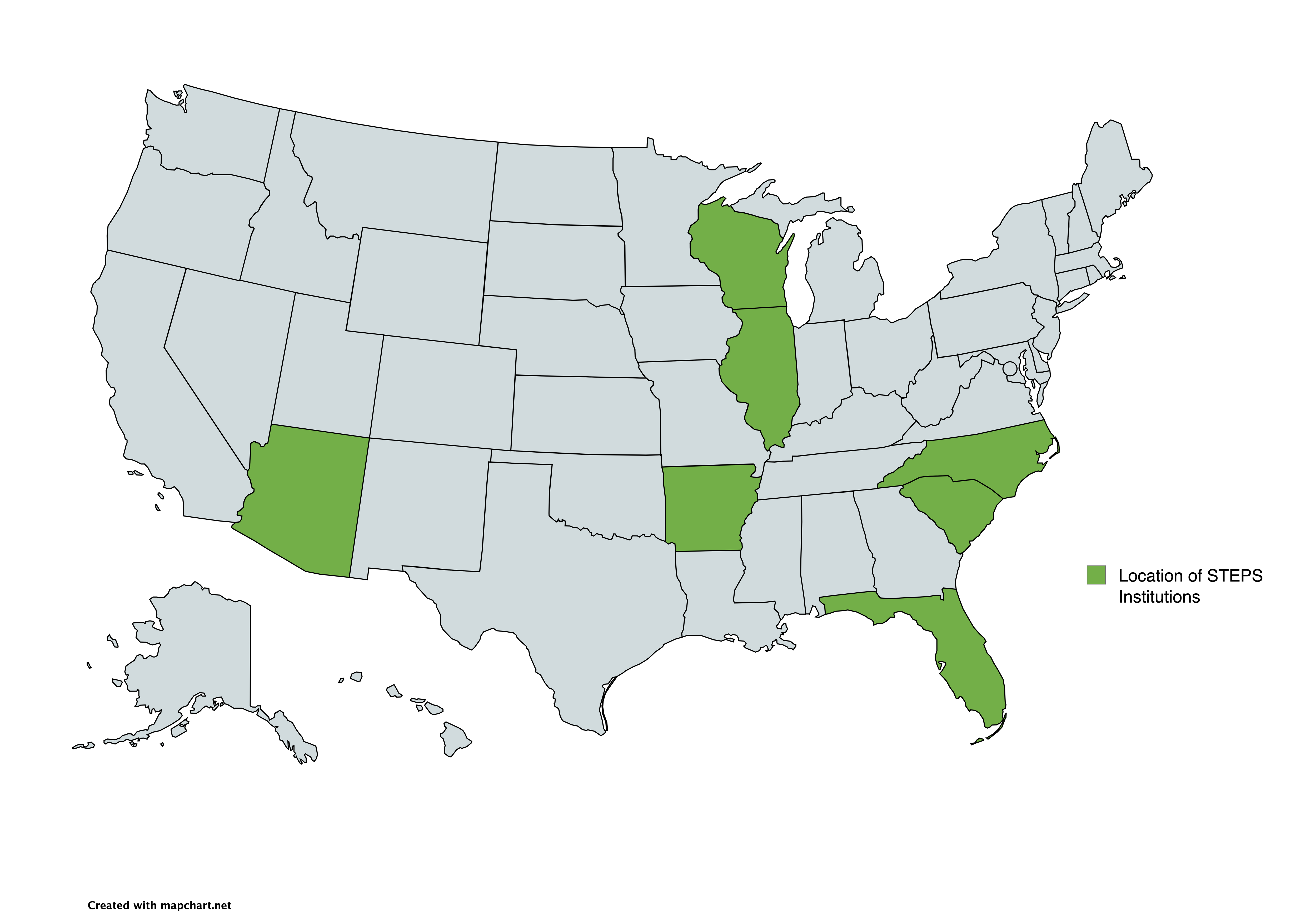 Map of the United States showing the locations of STEPS Institutions. 